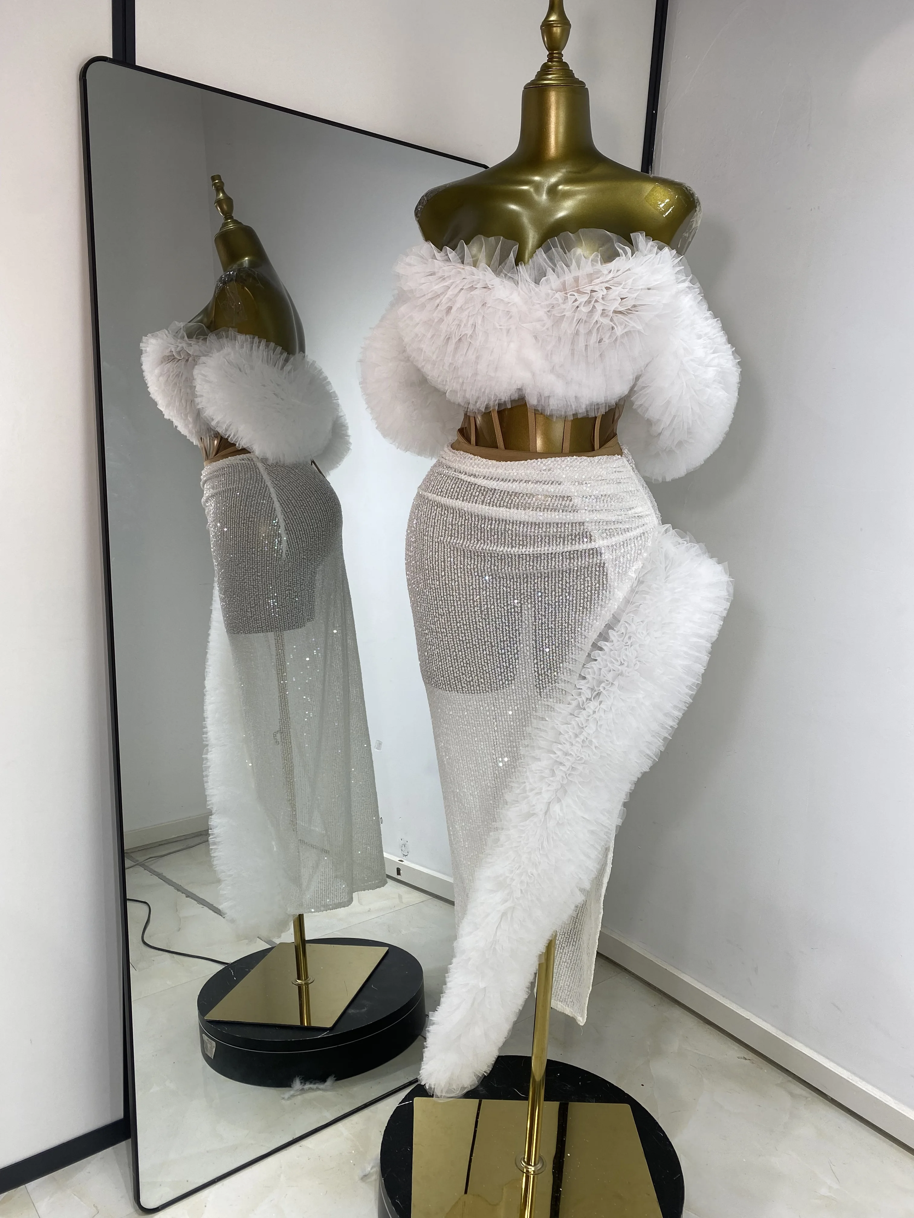 

Женское платье для особых случаев, белый сетчатый пышный топ с открытыми плечами и прозрачная юбка с блестками, вечерние комплекты из двух предметов для клубной вечеринки