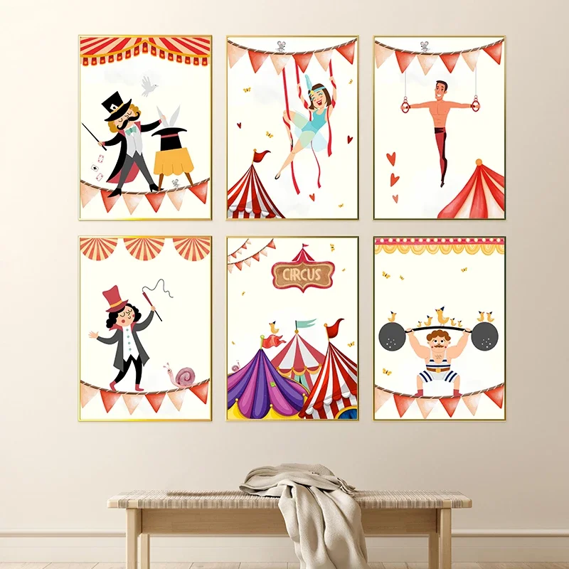 Funny Cartoon Circus House Acrobats Carnival Magician Nursery Poster Canvas Painting Wall Art Pictures Home Interior Decor