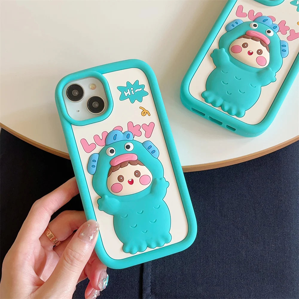 

Cute Cartoon Silicone 3D Ugly fish Mobile Phone Case For iPhone 11 12 13 14 15 pro max Girls Soft ShockProof Cover Accessories