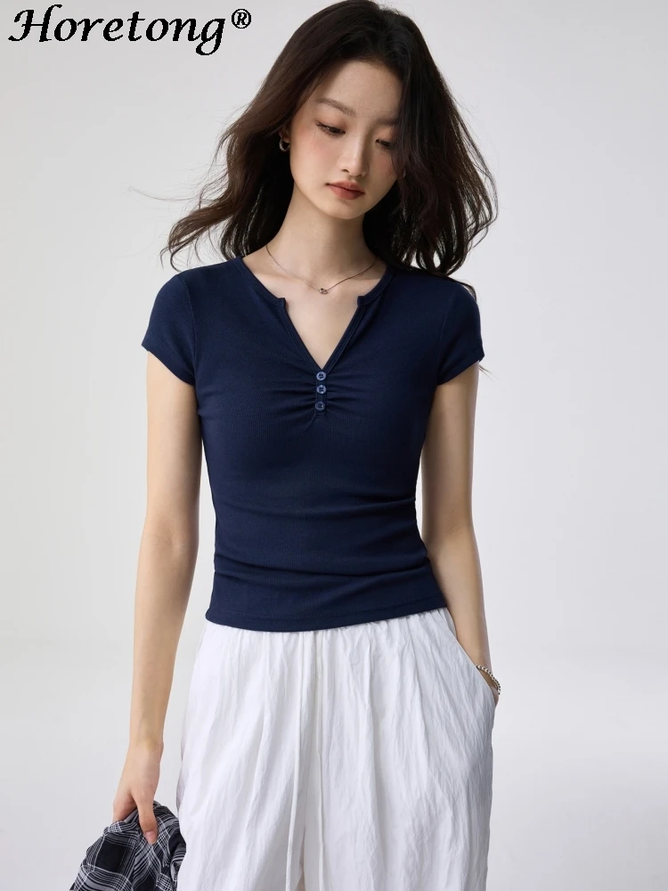 

2026 Summer Women's Casual Top Solid Ribbed V Neck Button Ruched Slim Fit Regular Shoulder Cropped Short Sleeve T-Shirt Pullover