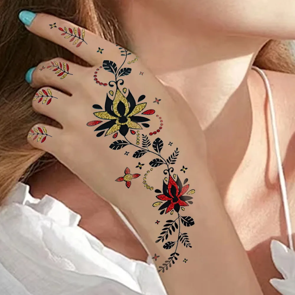 Haina Tattoo Stickers Long-lasting Waterproof Wedding Party Holiday Color Onion Pink Flowers Face Stickers Hand Tattoo Woman