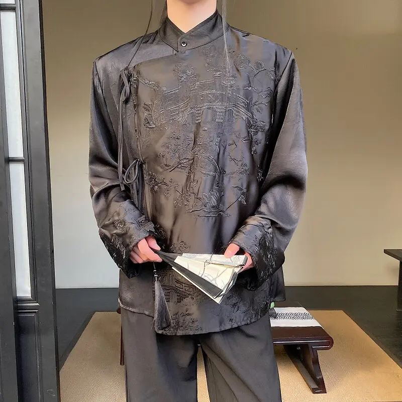 

Новая рубашка в китайском стиле для весны и лета, с вышивкой, из атласной ткани, с боковыми пуговицами, воротником-стойкой, для мужчин и женщин, ярких цветов