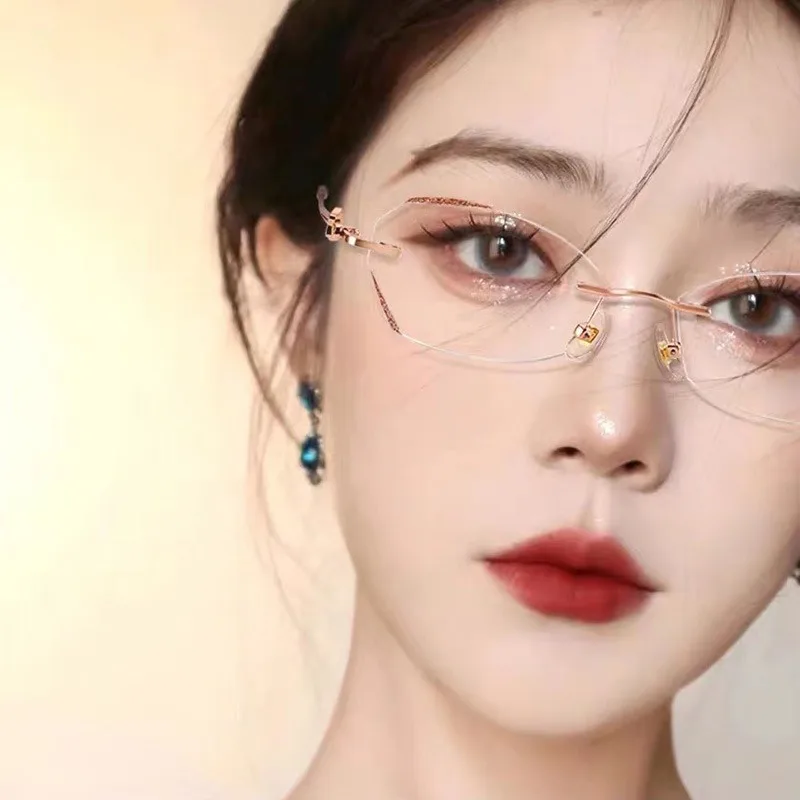 Metall Luxus Randlose Cat Eye Frauen Brillengestell Für Rezept Myopie Lesebrille