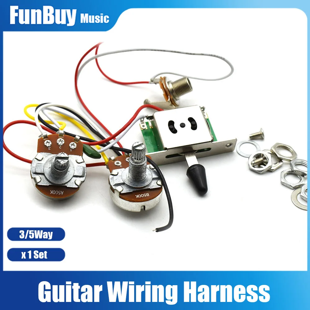 3Way/5Way Guitar Pickup Wiring Harness Prewired with A500k B500K Big Pots 3 Way Switch 1 Volume 1 Tone for FD ST Guitar