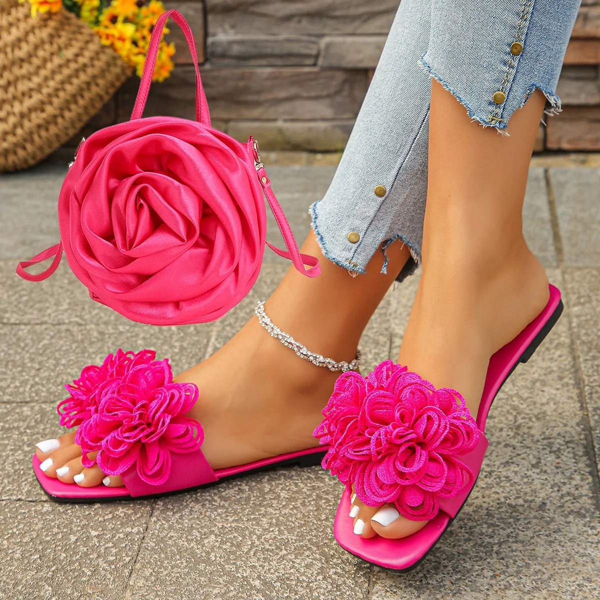Women's Summer New Flower Decorative Slippers Non-slip Outdoor Plus Size Beach Sandals with Three-dimensional Rose Handbag Set