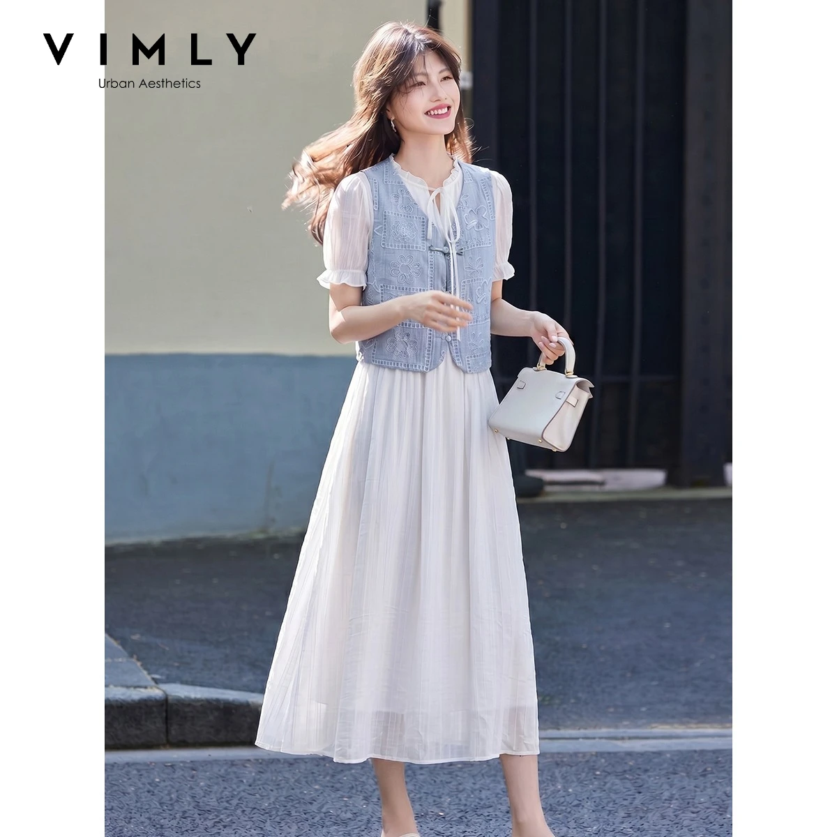 Embroidery White Dress - VIMLY ชุดเดรสสีฟ้าขาวสำหรับผู้หญิง 2026 ฤดูร้อนใหม่ชุดเดรสปักลายชุดสองชิ้นเสื้อผ้าสุภาพสตรี A6856