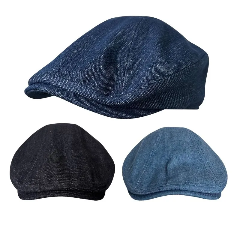 Blue Washed Denim Baseball Beret Hat, Unisex Japanese Forward Cap Spring Summer
