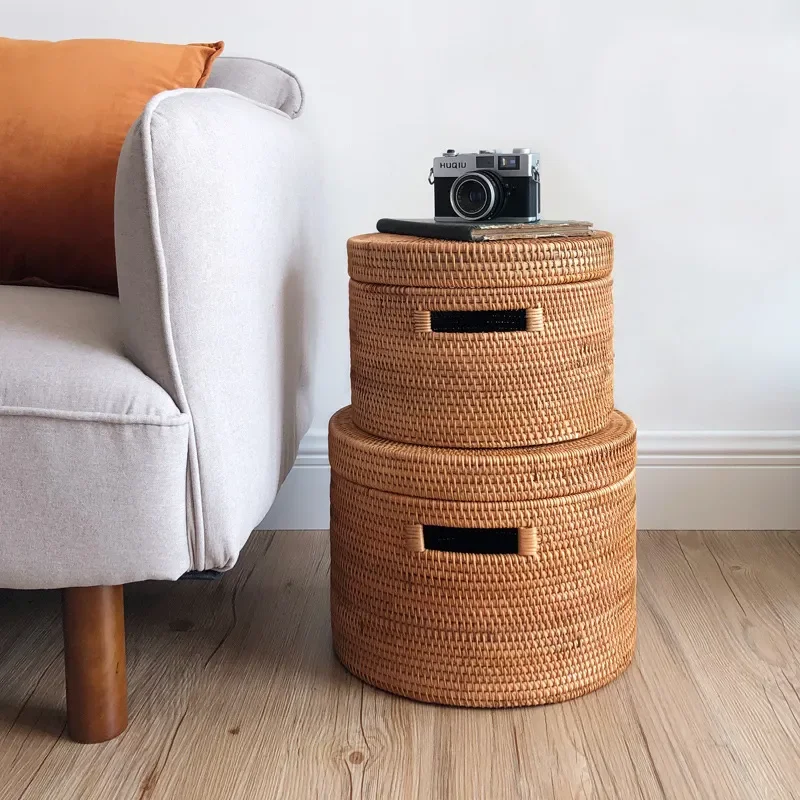 Natural Rattan Storage Box Woven Basket for Desktop Coffee Table Organizing Toys Snacks Clothes Household Decor Vietnam Style