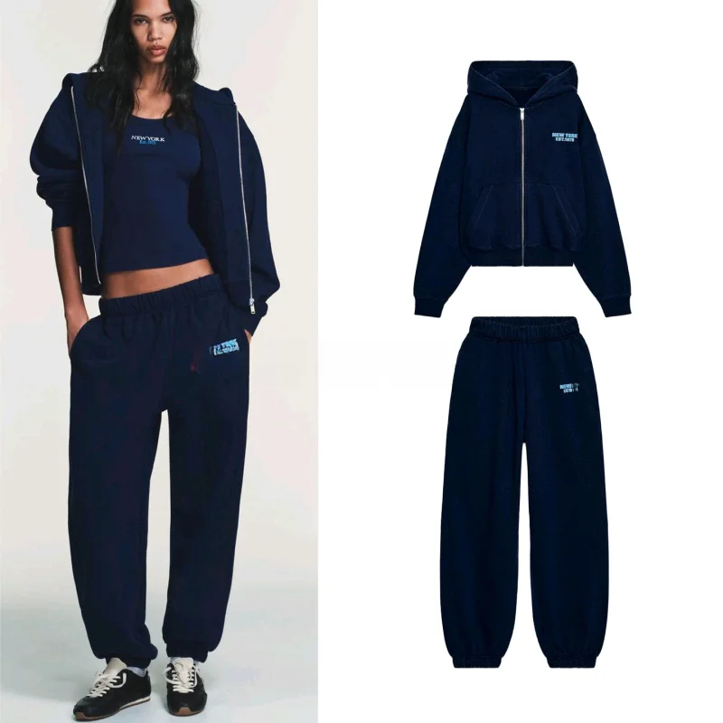 

Spring New Casual Women's Fashion Set Printed Hoodie And Running Pants High Waist Long Pants round Neck Short Style Set