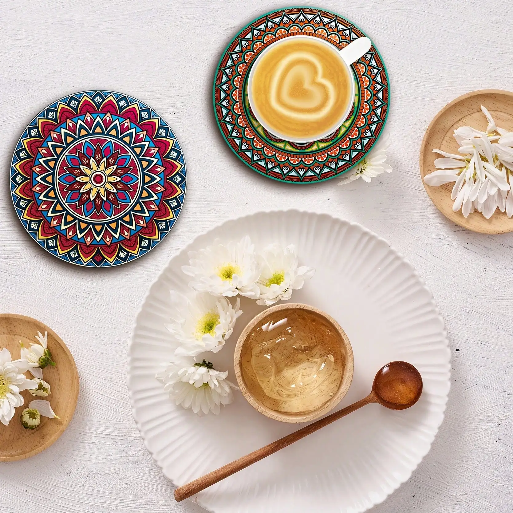 8-Piece Mandala Coaster Set, Wooden Coaster Set, A Must-Have For Holiday Parties, Suitable For Bars, Offices , Size 10cm X 10cm. - Detail 1