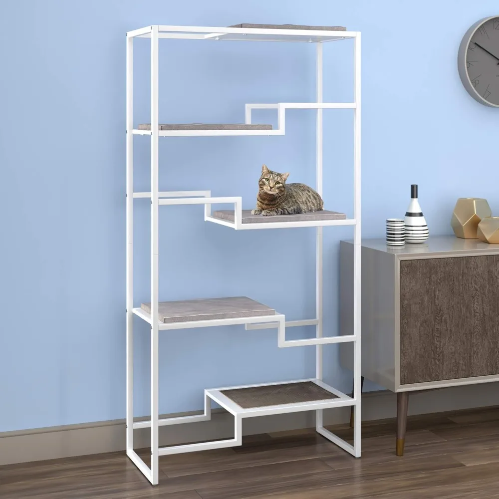 

LUCK THE REFINED FELINE 62 Inch Tall Metropolitan Cat Condo, White Metal Frame Cat Tower, Multi-Level Modern Cat Tree For Indo