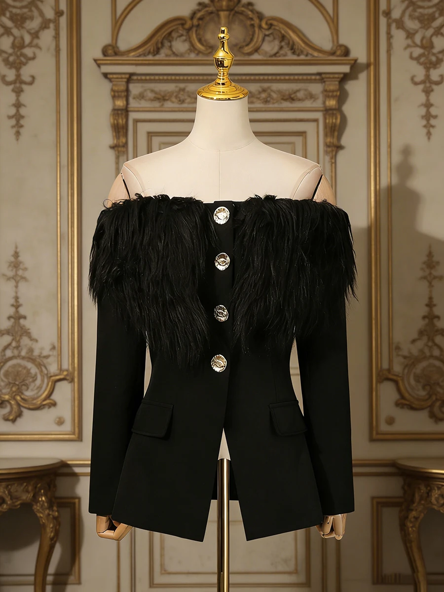 VGH, Blazers adelgazantes de felpa lisos elegantes para mujer, cuello oblicuo, manga con hombros descubiertos, chaqueta con temperamento con botones empalmados para mujer