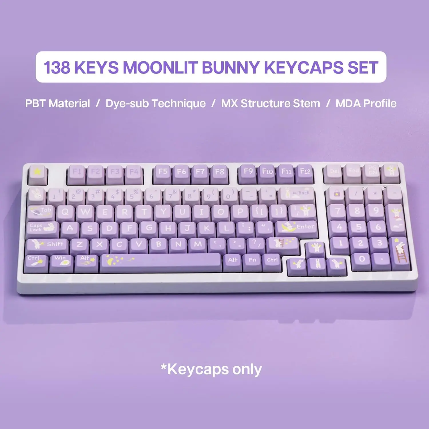 Moonlit Bunny 138 Keycaps Set  Five-Side Dye Sublimation MDA Profile Gradient Keys for Mechanical Gaming Keyboard