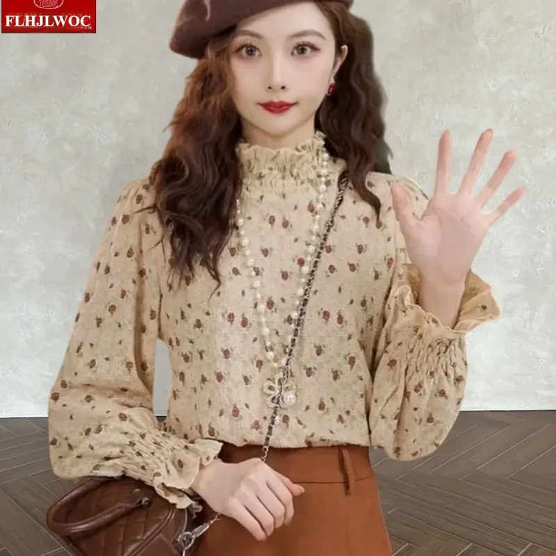 Водолазки, блузки, новогодние свидания для девочек, зима-весна, базовые рубашки, милый японский стиль, цветочный принт, винтажный топ в стиле ретро, Blusas