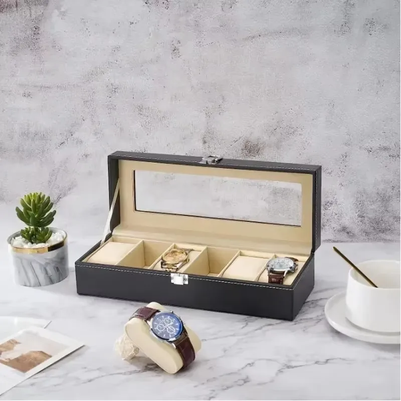 Men's PU Leather Watch Display Case with Glass Lid, Multi-Slot Organizer and Stand for Stylish Storage and Gift Giving