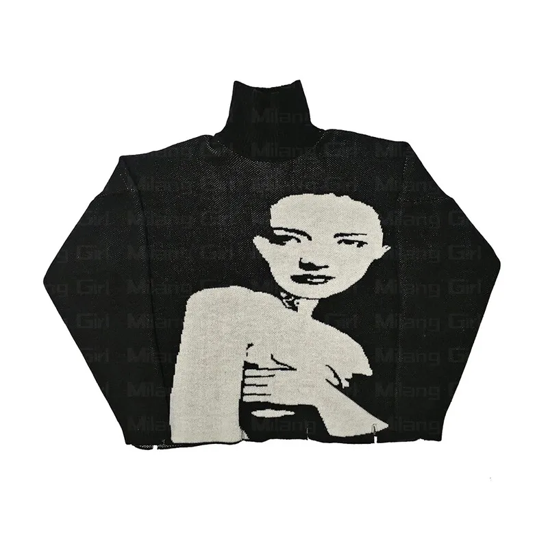 

Men's Winter Fashion Pullover Sweater Turtleneck Unisex Hip hop goth Women's Portraits print Harajuku Cotton Oversized Sweater