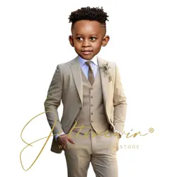 Suit Boys Wedding Tuxedo Beige Jacket Vest Pants 3 Piece Set Formal Clothes Holiday Party Blazer Kids Custom Outfit