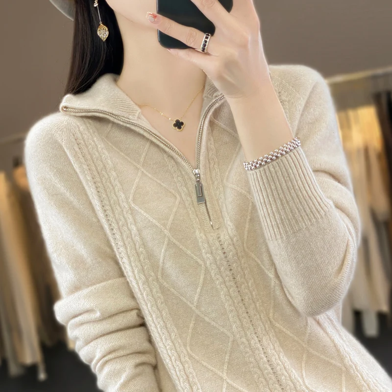 2024 New Pure Australian Wool Autumn And Winter Half Turtleneck Zipper Wool Top Solid Color Loose Explosive Pullover Sweater Bas