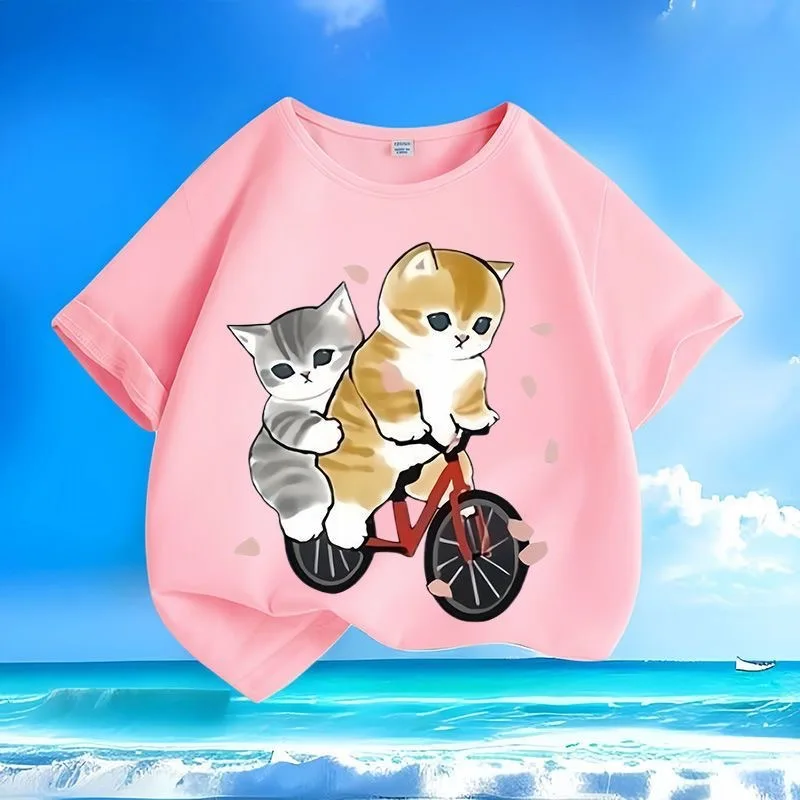 Comfortable summer new cat pattern T-shirt cartoon boys and girls short-sleeved loose and versatile clothes for middle and large