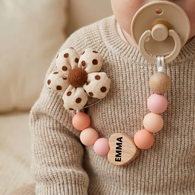 

Personalized Pacifier Clip Silicone Bead Custom Name Wood Heart Flower Baby Teether Holder BPA Free Dummy Chain Baby Shower Gift