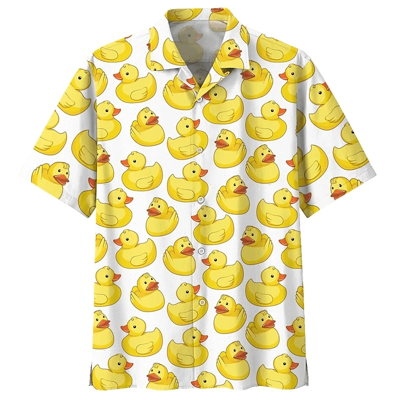 Cute Yellow Duck Pattern Shirts For Men Fashion Casual Short Sleeve 3D Toy Printed Lapel Beach Shirts Loose Harajuku Blouse Tops