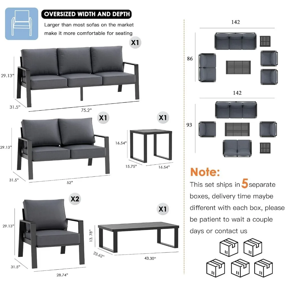 مقعد محب خارجي من الألومنيوم، أريكة فناء كبيرة الحجم، أريكة حديثة طقم أثاث معدني لجميع الأحوال الجوية مع وسائد مقاس 5 بوصات، رمادي داكن #3