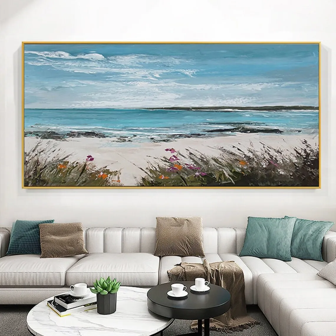 

Картина маслом Serene Seaside с белым песком, пляжем и цветущими цветами, прибрежная картина маслом, художественный домашний декор для настенного искусства