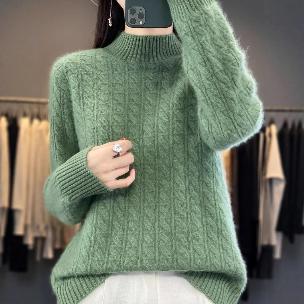 New Girls Autumn Winter Loose High-Neck Cable Knit Sweater Women Ladies Thick Solid Color Knit Top Soft Base Shirt Woman Casual