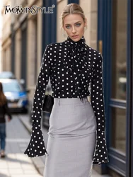 TWOTWINSTYLE Colorblock Polka Dot Shirts For Women Scarf Collar Flare Sleeve Elegant Slimming Blouse Female Fashion Style New