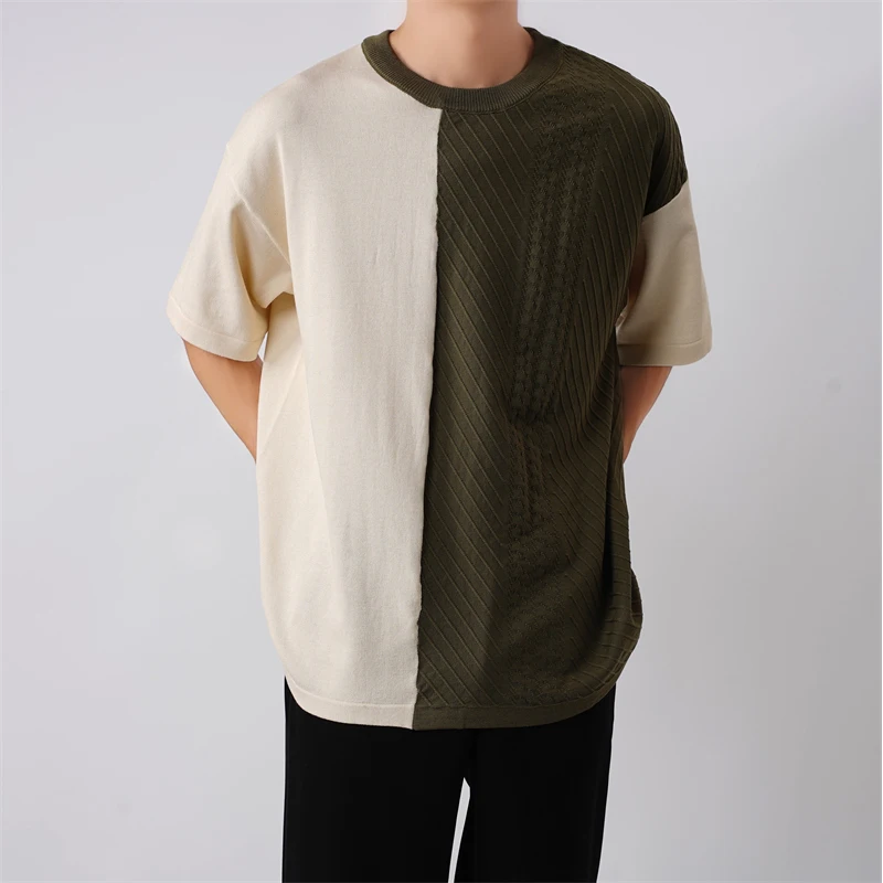 Ice Silk Thin Patchwork Apricot Green Summer Loose Short Sleeve Men Fashion Casual Oversized T Shirt Clothes Japanese Streetwear