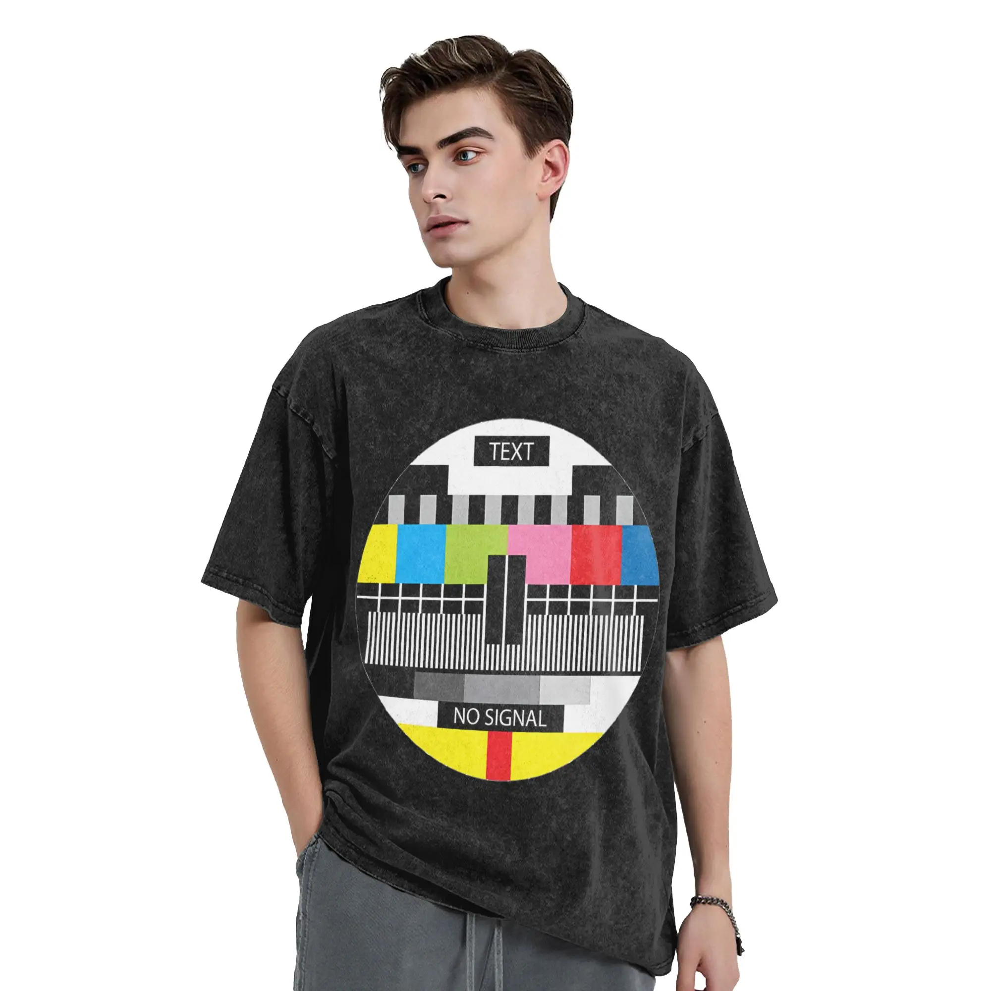 No signal screen woman Men Cotton Washed Hot stamping Print T-Shirt, Harajuku Cotton Tshirt Men's Summer Short Sleeve Tees
