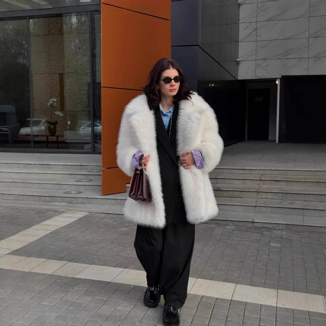 Furry Coat Women Warm Long Sleeve Loose Jacket Turn Down Collar Cardigan Solid Thick Faux Fur Coats Elegant Autumn Winter