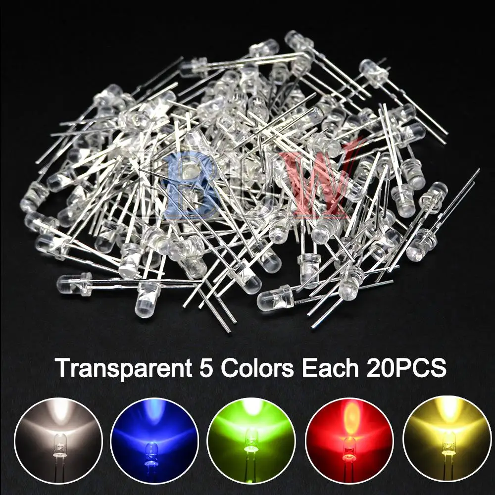 PULAR 100PCS 3mm LED Diode F3 Diverse Kit Geel Oranje Wit Groen Rood Blauw Roze Paars Warm wit DIY Light Emitting Diode