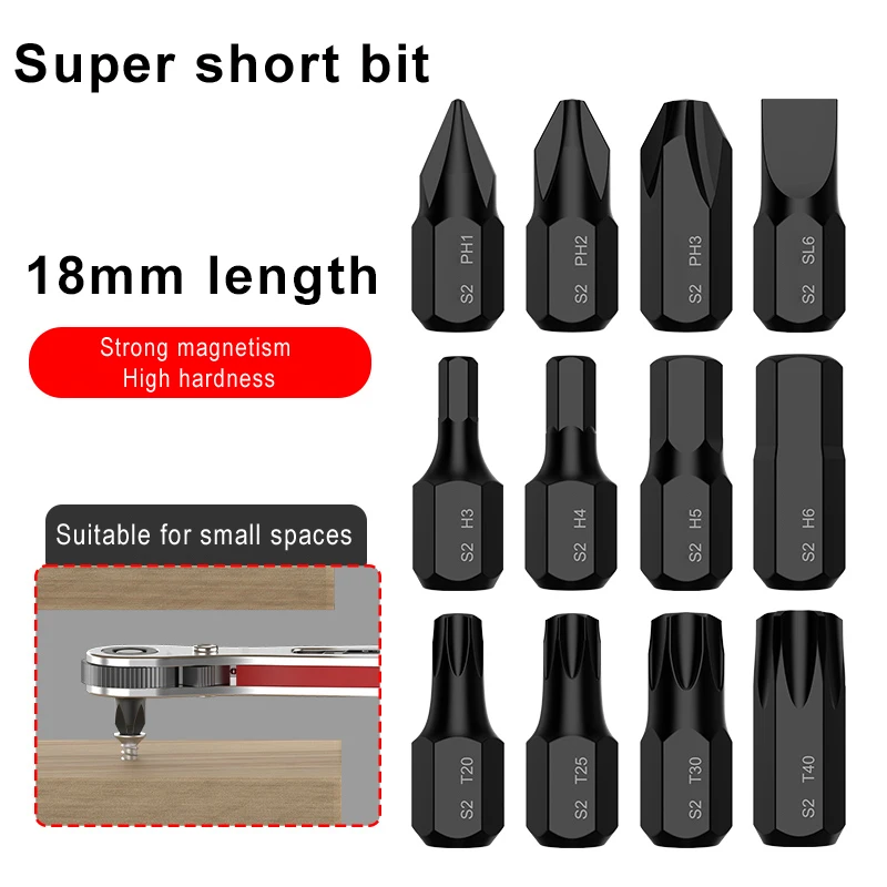 24pcs/lot 18mm Long Super short bit 1/4 Hex Shank Phillips Slotted Torx Hex Screwdriver bits T5-T40 H1.5-H6 PH1 PH2 PH3 SL6