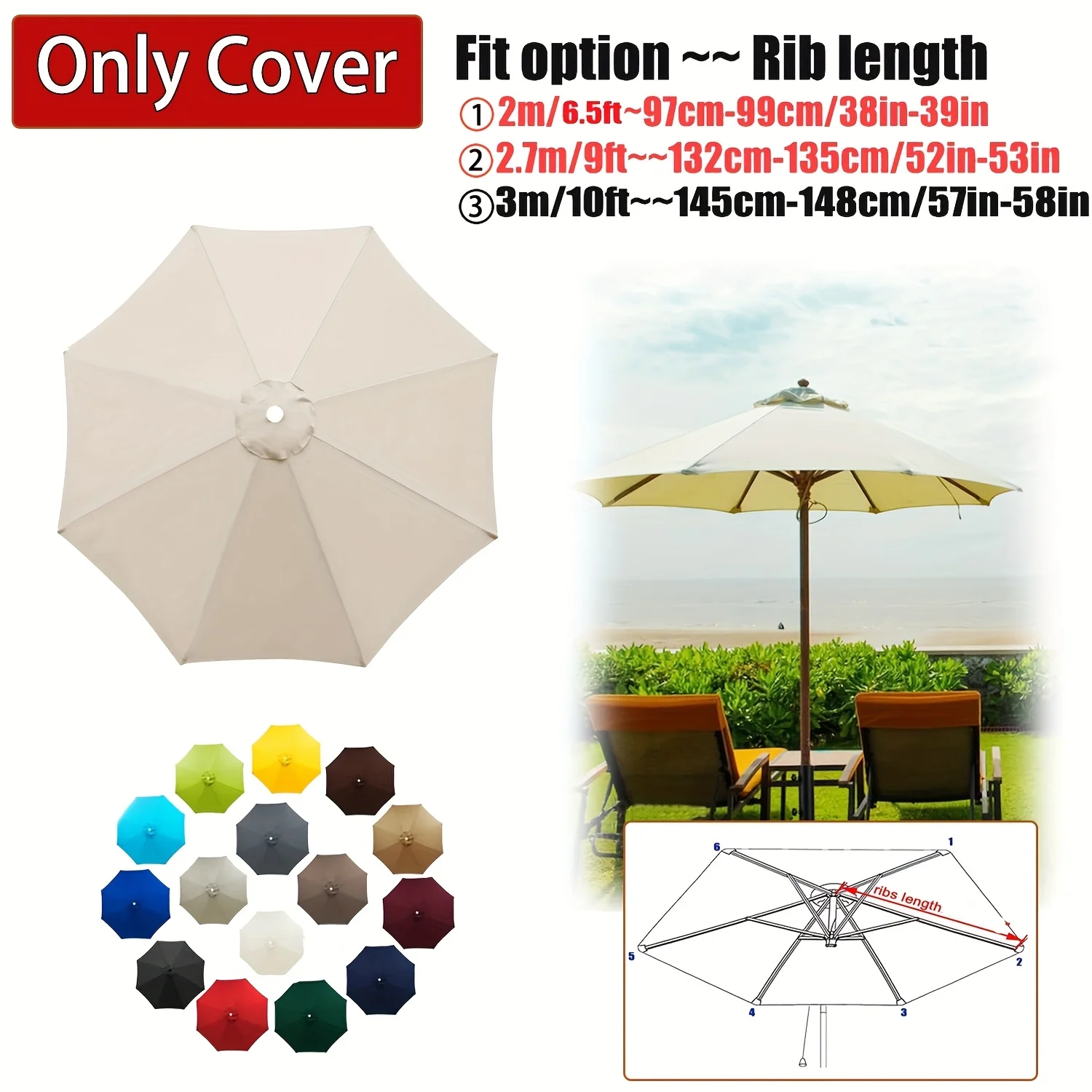 6.5/9/10 Ft White Patio Umbrella Replacement Canopy, All-Weather Umbrella Cloth Cover (Canopy Only)