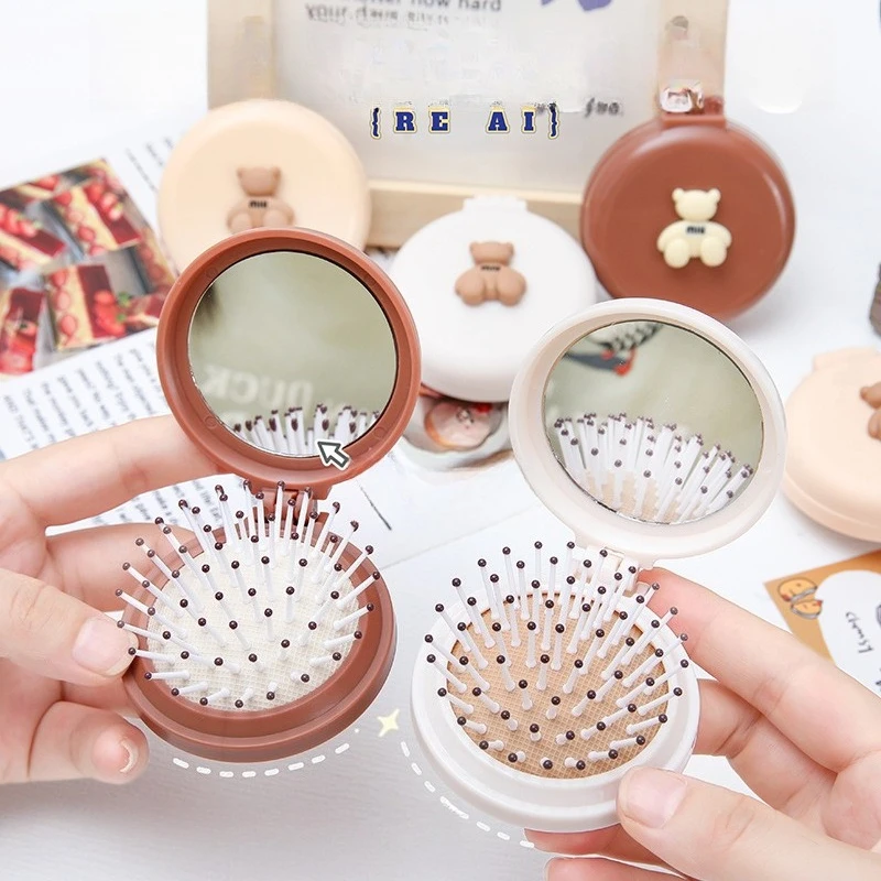 かわいい漫画の折りたたみ式エアバッグコーム、ポータブルミニクッションヘアブラシ、女性用ミラー付き、一体型マッサージコーム、軽量