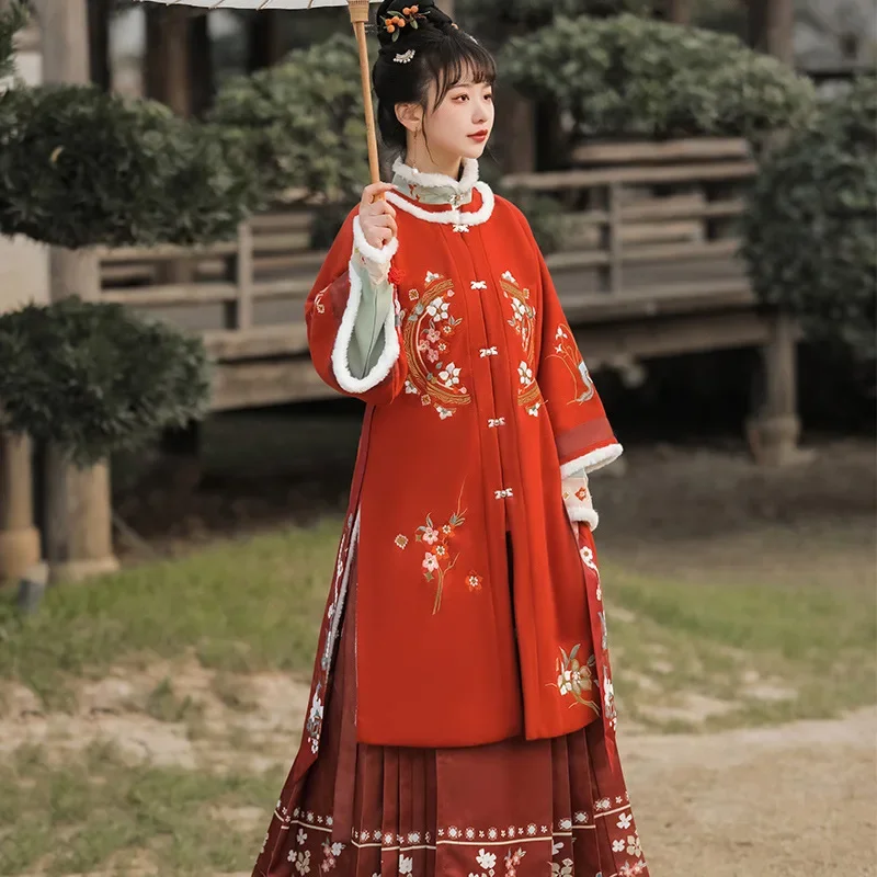 Chinese style round neck jacket autumn and winter placket horse skirt set