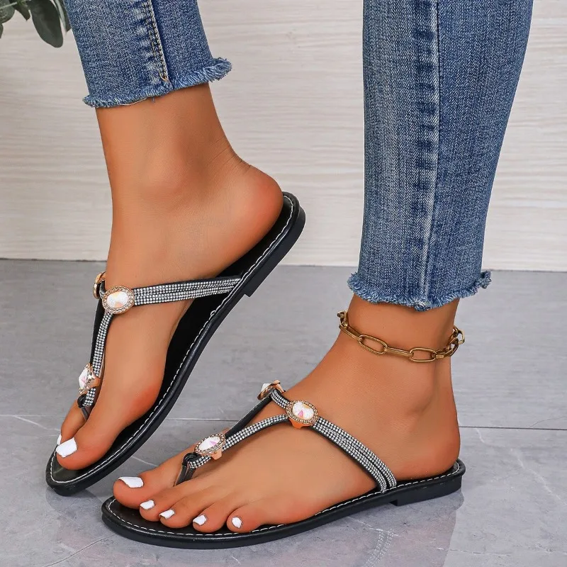 2024 Summer New Fashion Women Slippers Rhinestone Pinch Toe Flat Casual Shoes Woman Beach Casual Sandals Female Zapatos Mujer