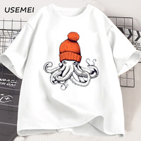 Octopus Orange Beanie Cotton T-shirt Japanese Style Graphic Tees Casual Cotton Short Sleeve Round Neck Tshirts Unisex Clothes