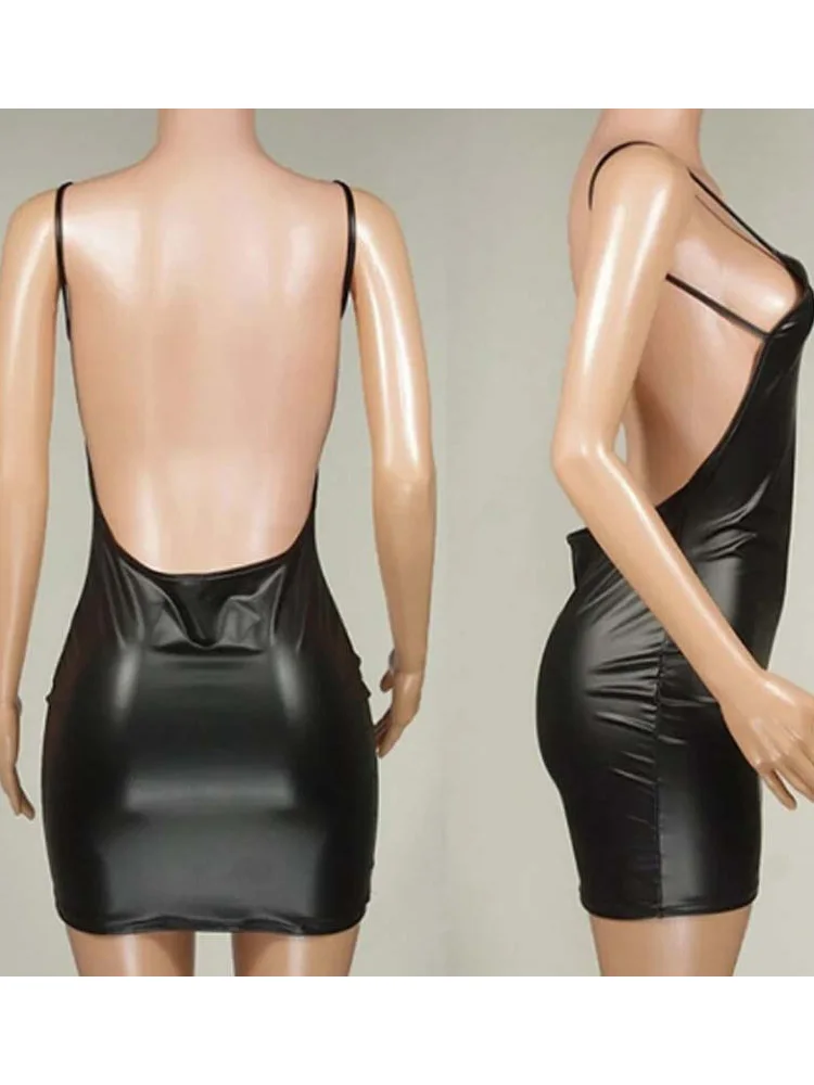 Sexy backless kunstleer jurk club party puur zwarte korte rok strakke beha mini-jurk