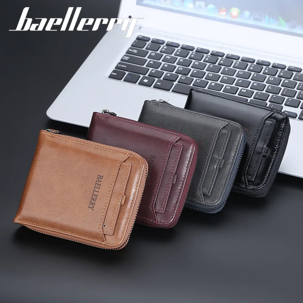 Baellerry-cartera corta de cuero Pu para hombre, billetera con cremallera Vertical, Vintage, juvenil, pequeña