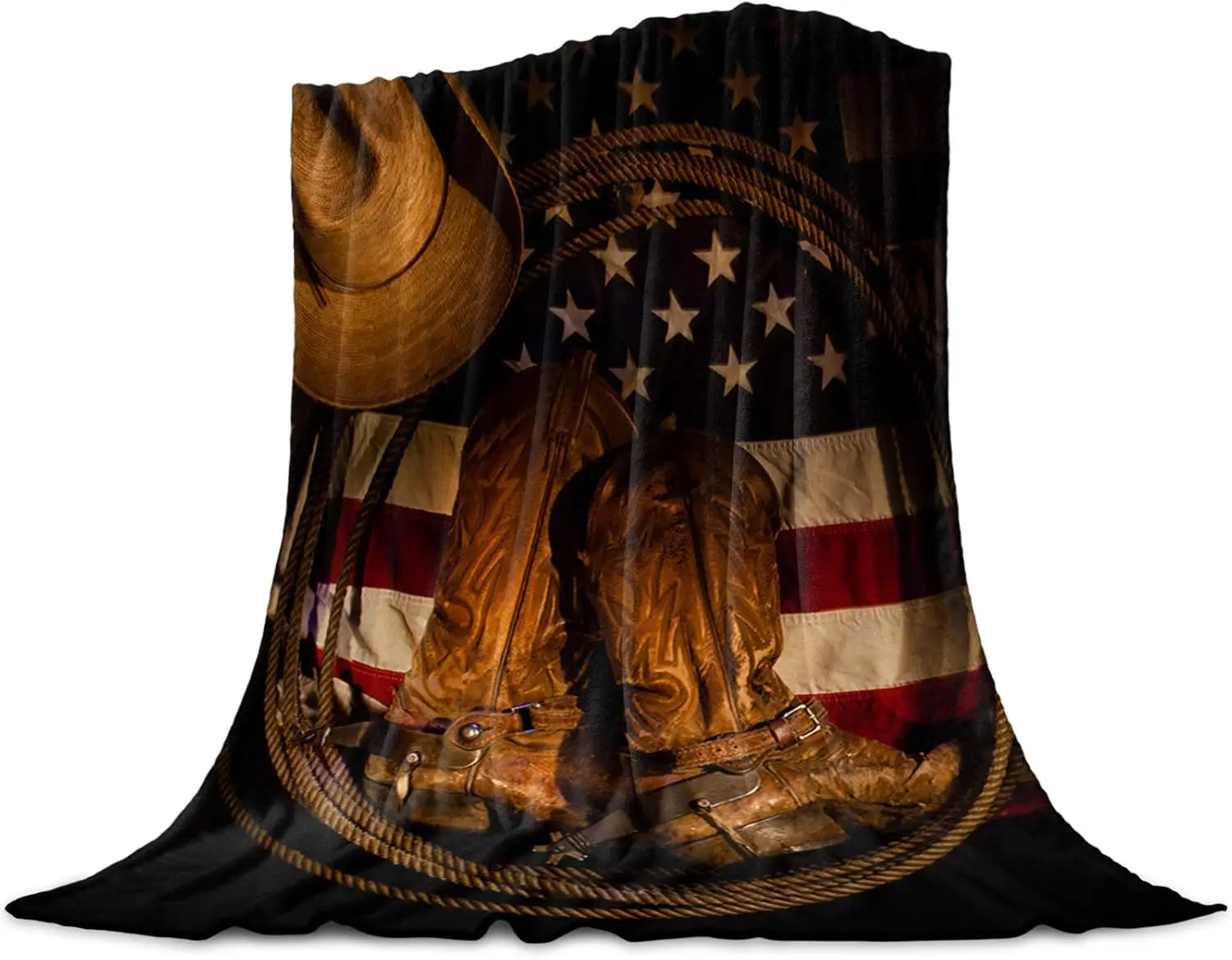 

T&H XHome Фланелевое флисовое одеяло из микрофибры Одеяло в стиле вестерн США, ковбойская шляпа с ботинками, веревка на американском флагом, мягкая теплая пухлая одеяло