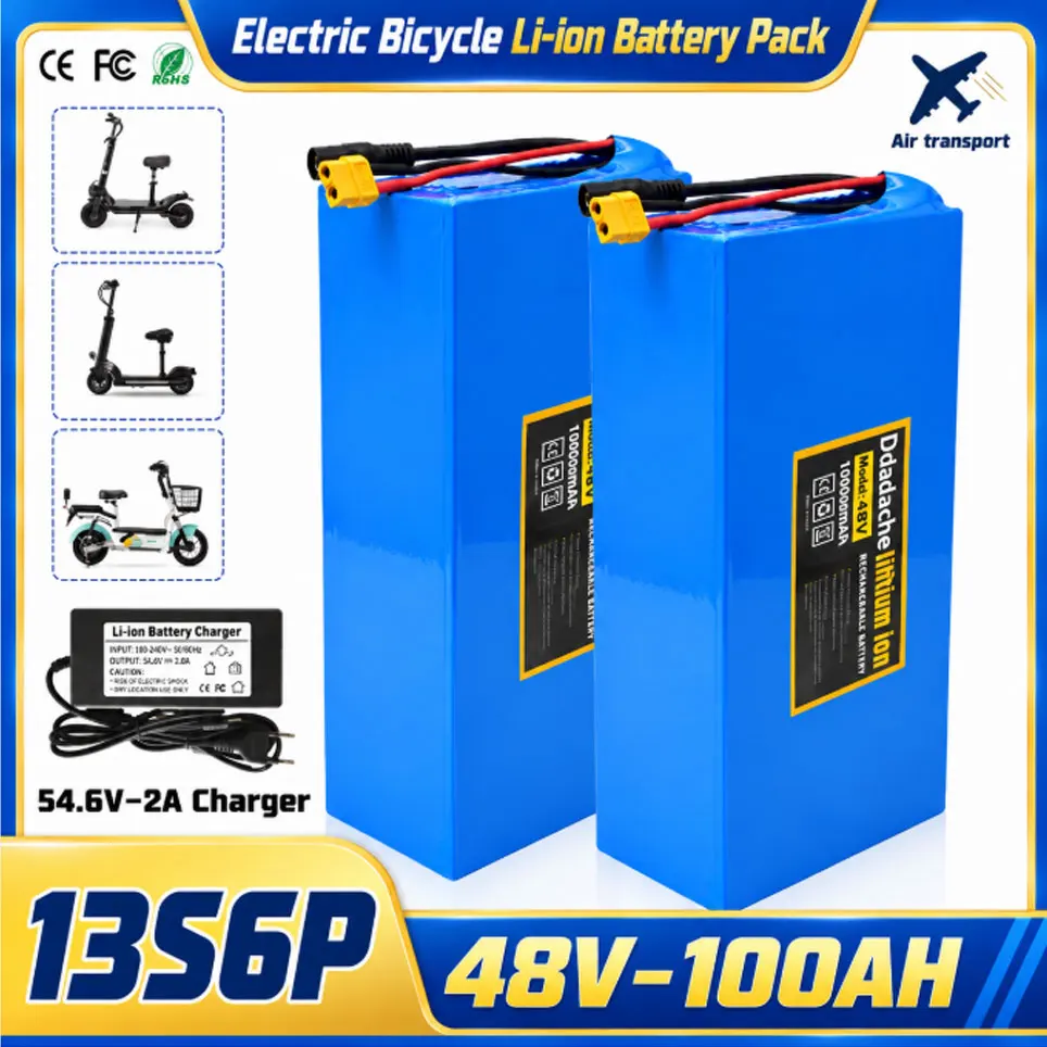 Batteria al litio 100% originale 18650 48V 100Ah 13s6p, 48V 100000mAh 2000W, batterie per scooter motorizzati Citycoco con BMS da 50A integrato