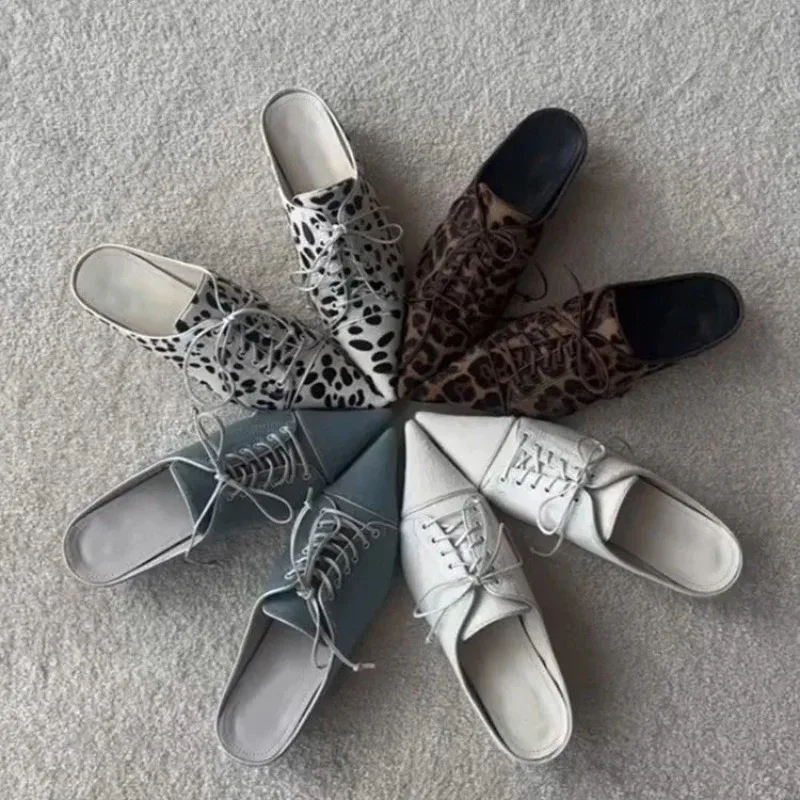 Colorblock Pointed Toe Lace-up Women 2026 Spring New Wedge Heel Baotou Slippers Outside Wear Deep Mouth Single Shoes