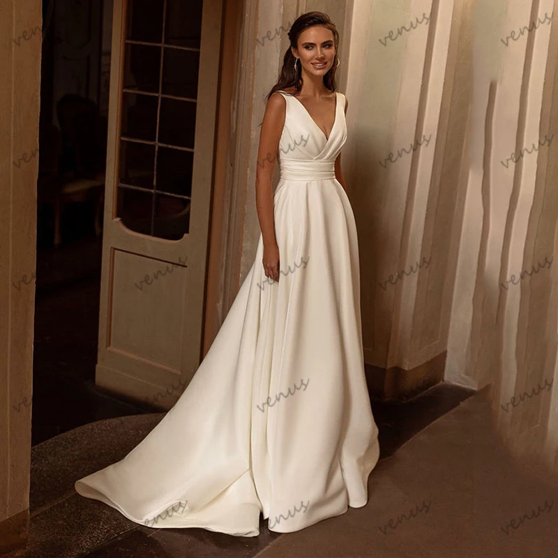 

Elegant Wedding Dresses A-Line Bridal Gowns Sexy Sleeveless Deep V-Neck Backless Robe For Brides Vintage Vestidos De Novia 2024