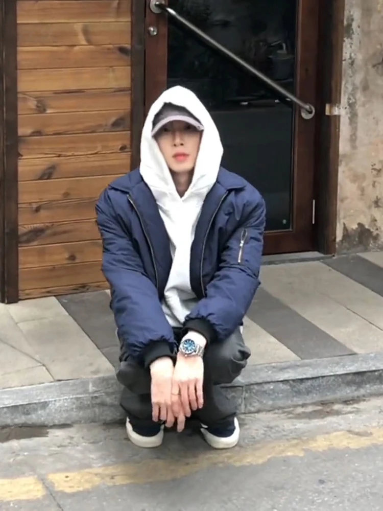 

Cobalt Blue American Sle ort Flight Jaet Cotton Coat Autumn Winter Youth Men's High-End Feeling Outerwear Baseball orm