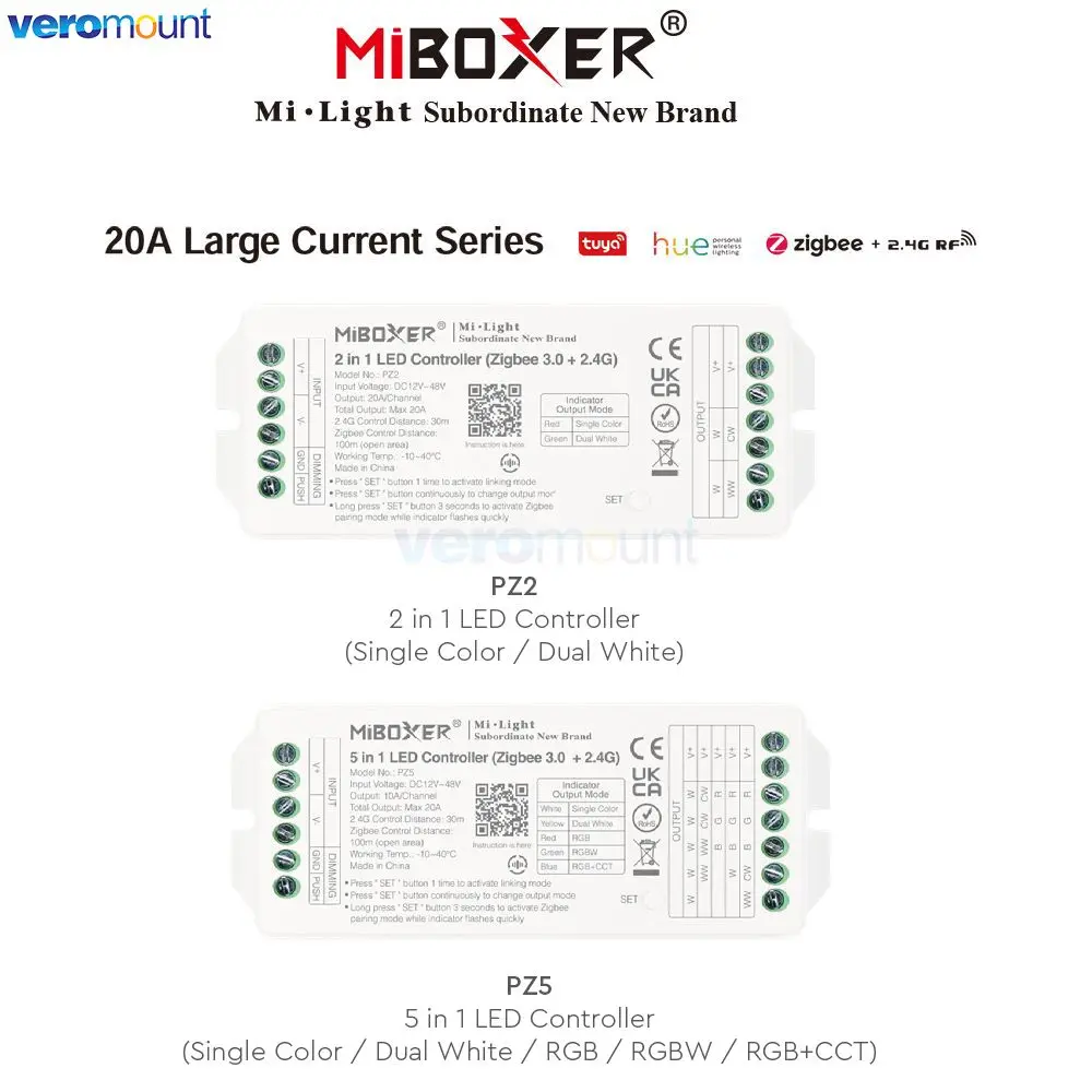 MiBoxer DC12-48V PZ2 2IN1 PZ5 5IN1 Zigbee 3.0 + 2.4G RF LED Controller Max 20A For Single/Dual White /RGB/RGBW/RGB+CCT Led Strip