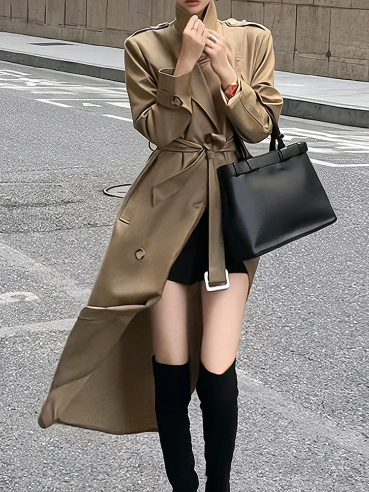 YERMORA Khaki Double-breasted Trench For Women Lapel Long Sleeve Casual Windbreaker Fashion Tide Spring Autumn 2024 New A33