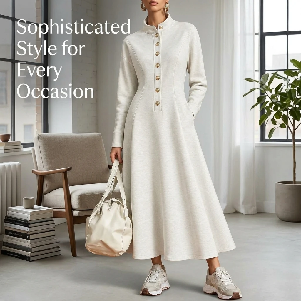 Maxi Dress Women's Long Sleeve Stand Collar Button Front A-Line Knit Swing Long Dress