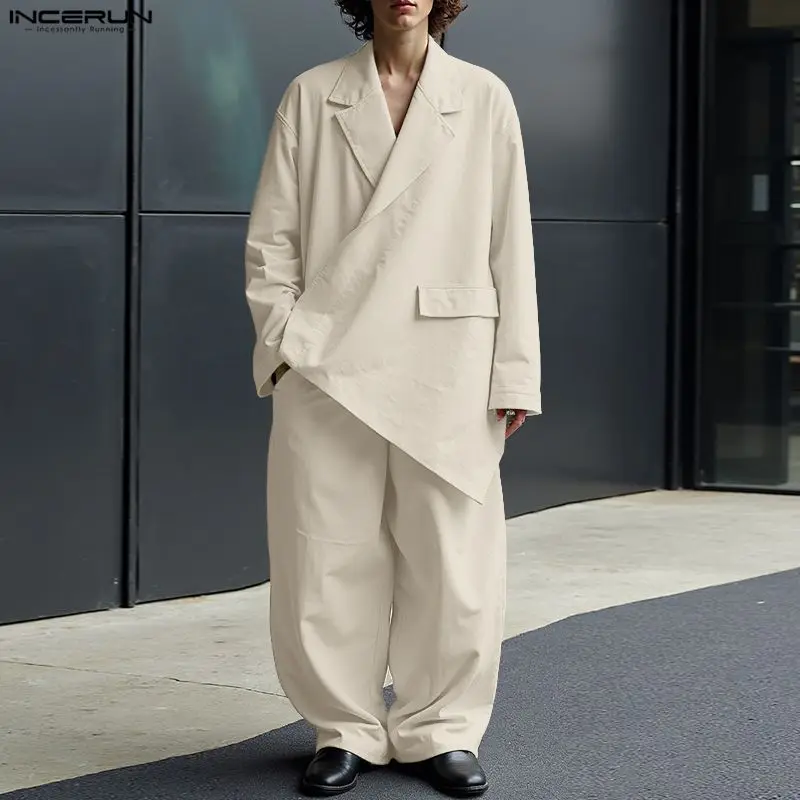 

INCERUN Men Sets Solid Color Lapel Long Sleeve Blazer & Pants Two Pieces Sets Streetwear Loose Fashion Men's Casual Suits S-5XL